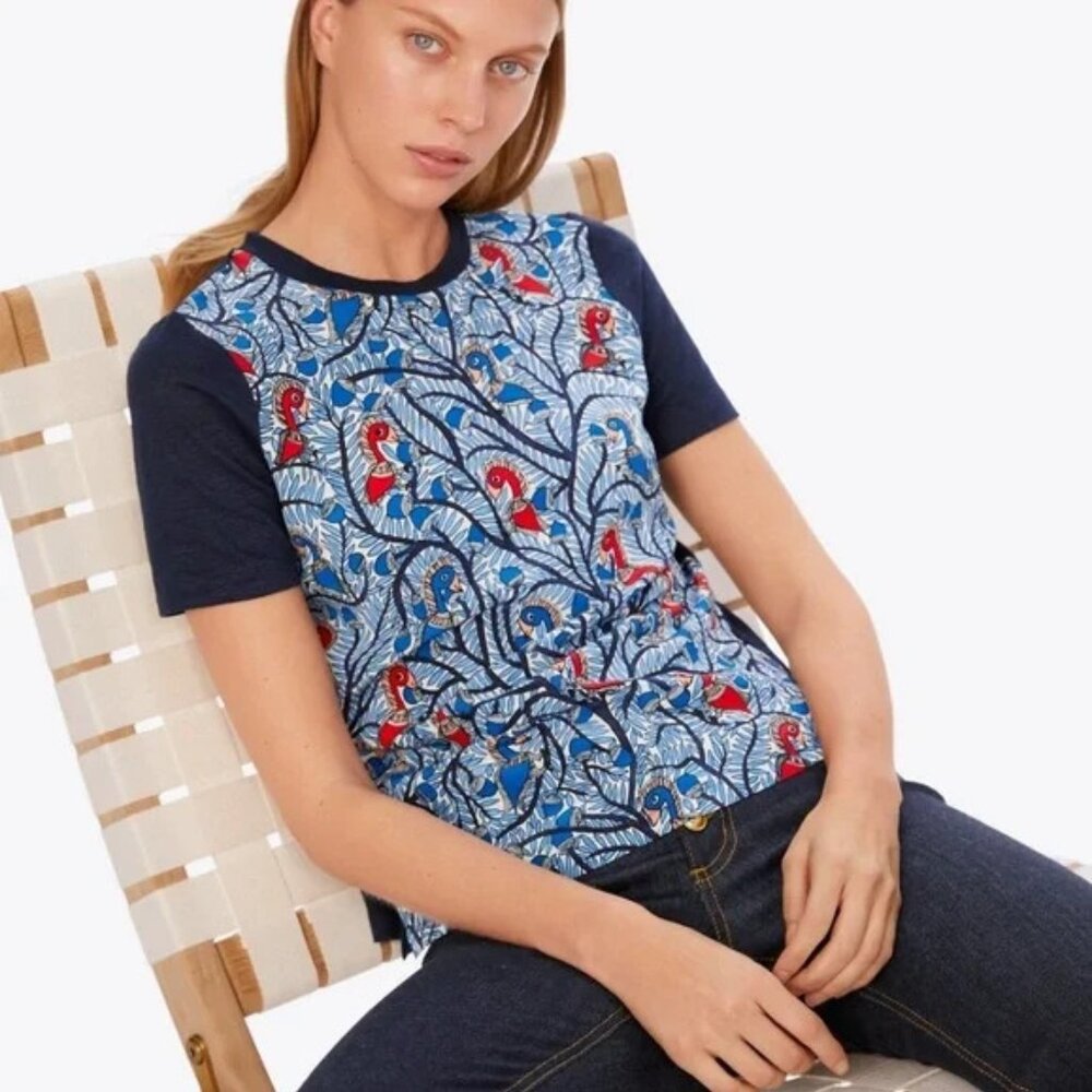 Tory Burch Wild Thing Silk and Linen Top, Navy/White/Scarlet, Size XXS